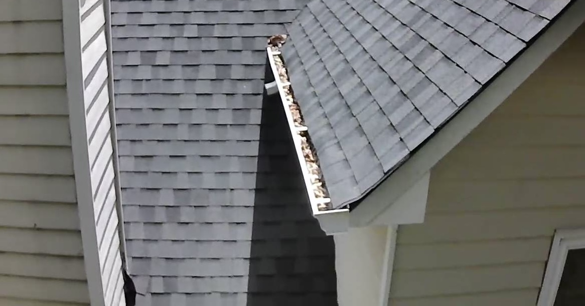 Gutter filled with leaves before professional cleaning at a Sugar Hill, Georgia home